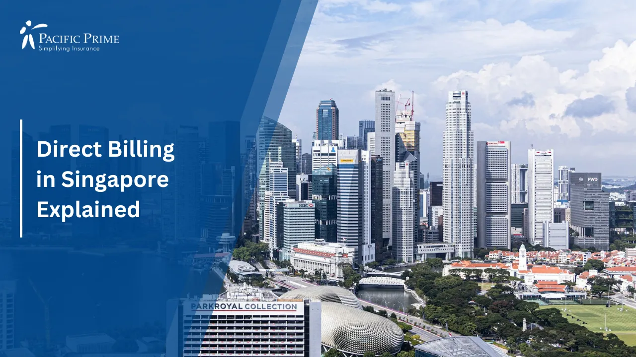 Image of Raffles Place Skyline With City Buildings By The Water In Daytime with text overlay of "Direct Billing in Singapore Explained"