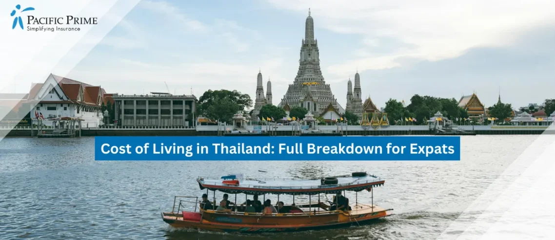 Image of Red And Black Boat Cruising Near Wat Arun Skyline Along Bangkok’s Riverside with text overlay of "Cost of Living in Thailand: Full Breakdown for Expats"