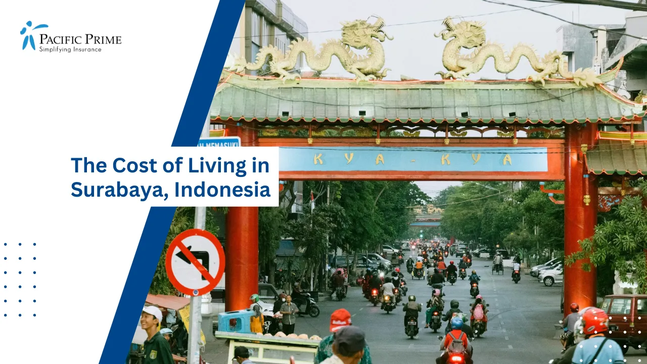 Image of Red And Silver Archway Structure In Surabaya, East Java with text overlay of "The Cost of Living in Surabaya, Indonesia"