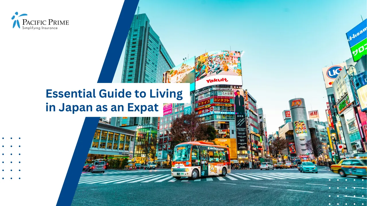 Image of Red And White Bus Crossing A Busy Intersection In Shibuya, Tokyo with text overlay of "Essential Guide to Living in Japan as an Expat"