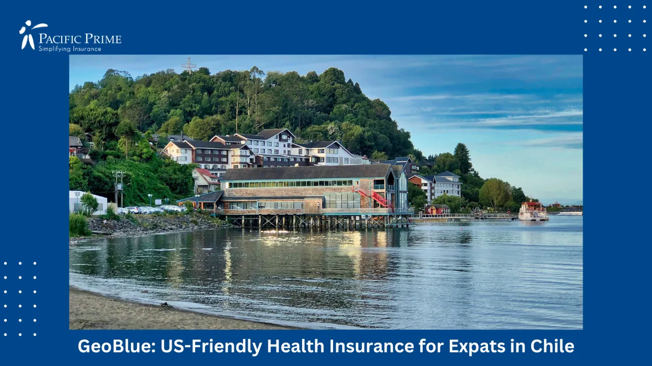 Image of Red And White House By Lake In Puerto Varas, Chile During Daytime with text overlay of "GeoBlue: US-Friendly Health Insurance for Expats in Chile"