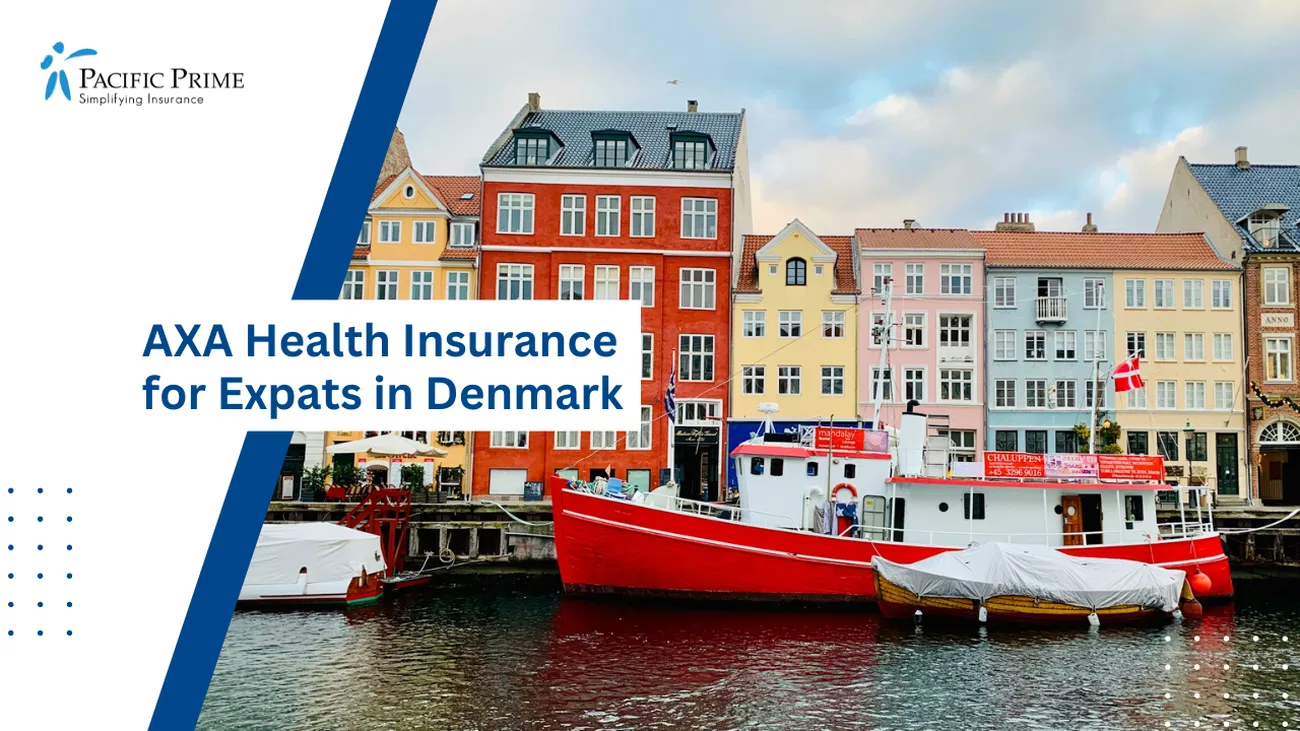 Image of Red Boat Docked At Nyhavn, København K, Denmark with text overlay of "AXA Health Insurance for Expats in Denmark"