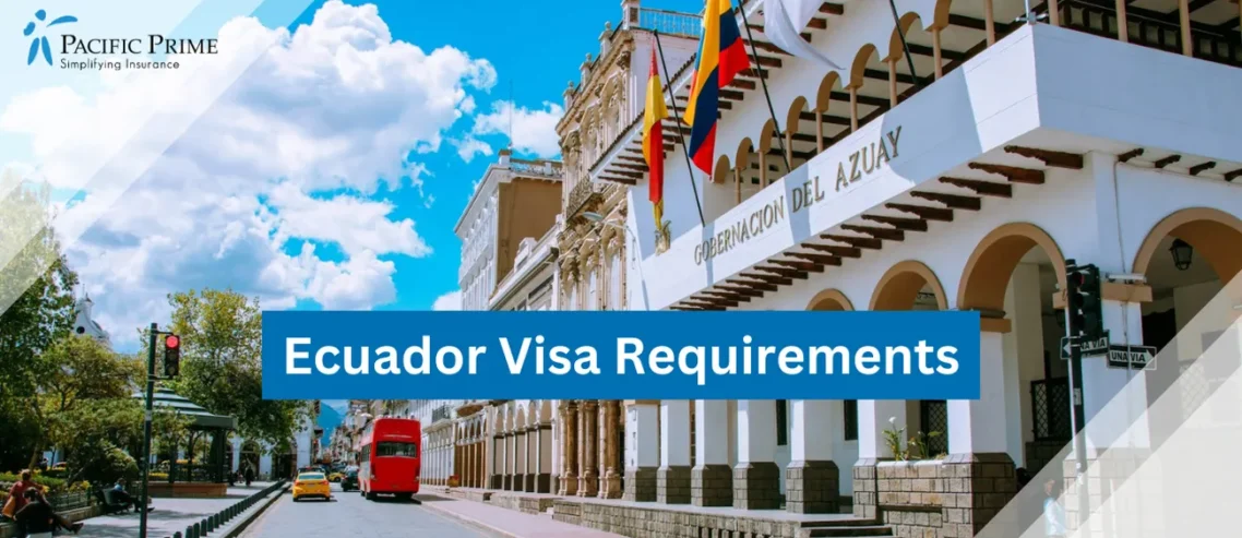Image of Red Car Parked Outside A White Concrete Building In Cuenca, Ecuador with text overlay of "Ecuador Visa Requirements"