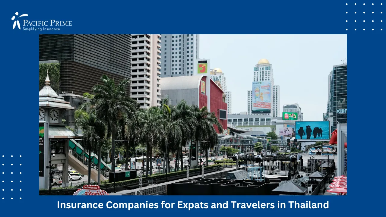 Image of Red Umbrellas And Modern Buildings In A Busy Bangkok Street Scene with text overlay of "Insurance Companies for Expats and Travelers in Thailand"