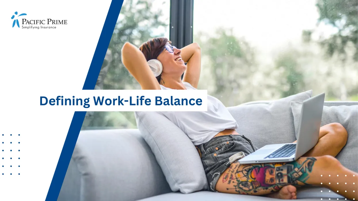 Image of Relaxed Woman On Living Room Sofa Working On A Laptop While Wearing Headphones with text overlay of "Defining Work-Life Balance"