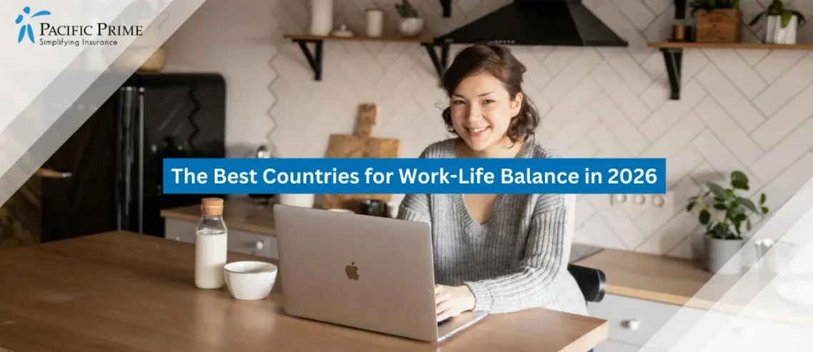Image of Remote Worker Using A Laptop At A Bright Home Kitchen Counter During Daytime with text overlay of "The Best Countries for Work-Life Balance in 2026"