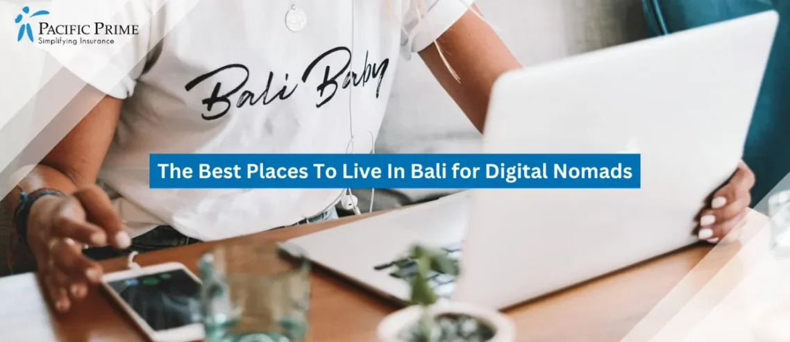 Image of Remote Worker Using A Laptop Indoors In Bali With A Simple Workspace Setup with text overlay of "The Best Places To Live In Bali for Digital Nomads"