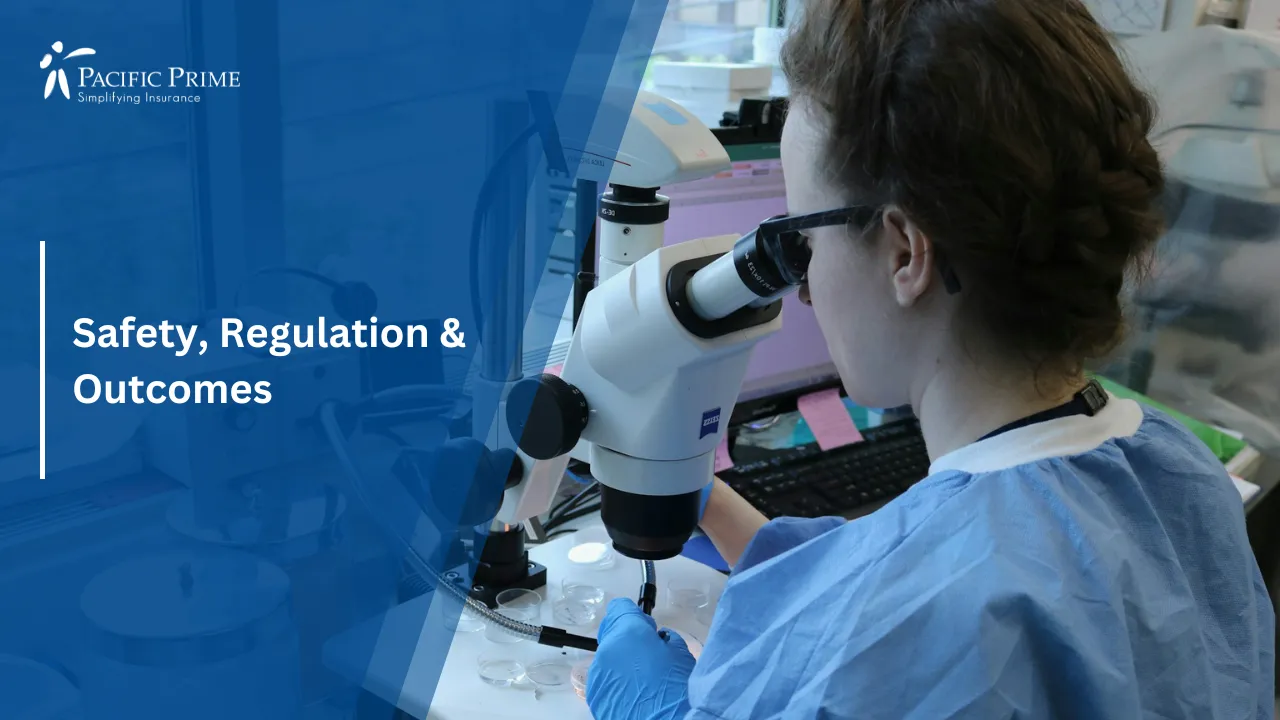 Image of Researcher Examining Stem Cells Under A Dissecting Microscope with text overlay of "Safety, Regulation & Outcomes"