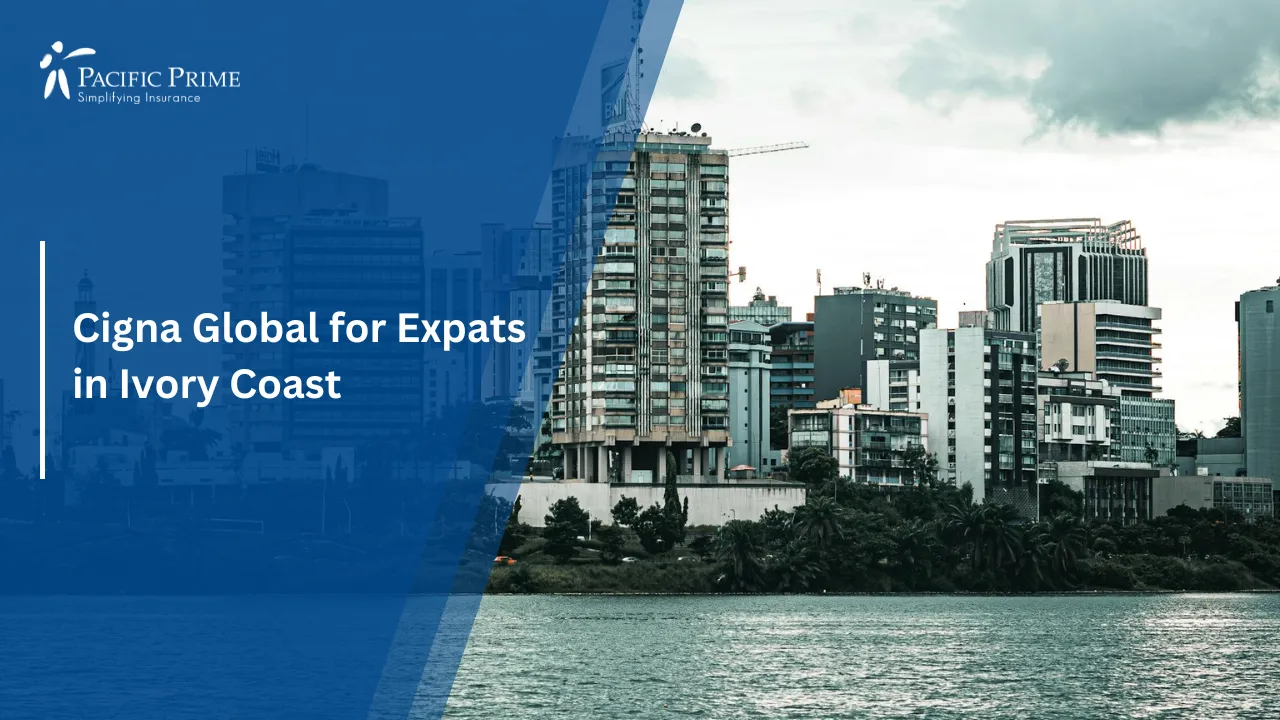 Image of Residential Buildings Along Waterfront In Abidjan City with text overlay of "Cigna Global for Expats in Ivory Coast"