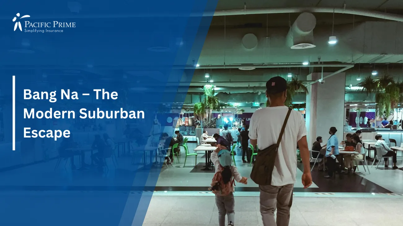 Image of Restaurant Scene In Bang Na, Krung Thep Maha Nakhon, Thailand with text overlay of "Bang Na – The Modern Suburban Escape"