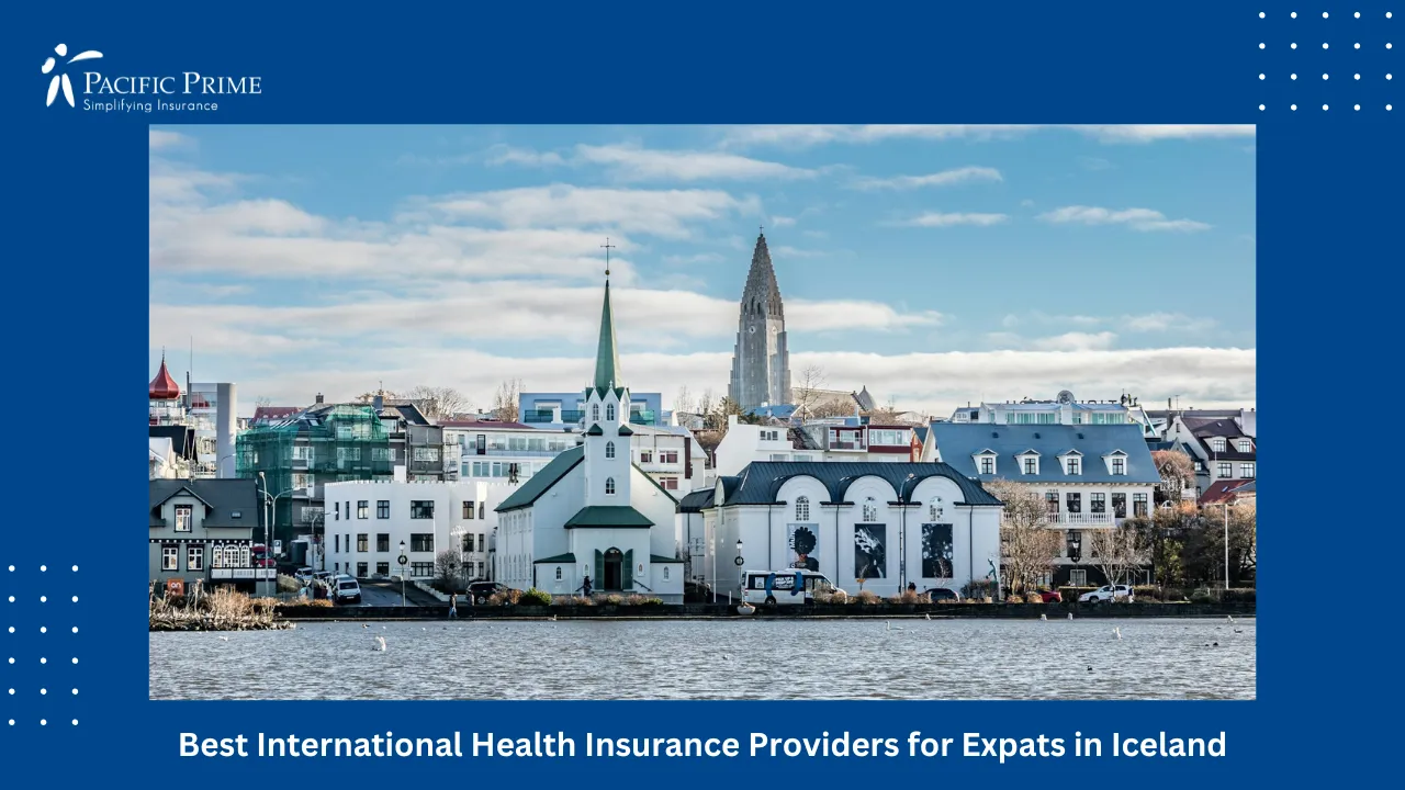 Image of Reykjavík Cityscape With Large Body Of Water In The Foreground with text overlay of "Best International Health Insurance Providers for Expats in Iceland"