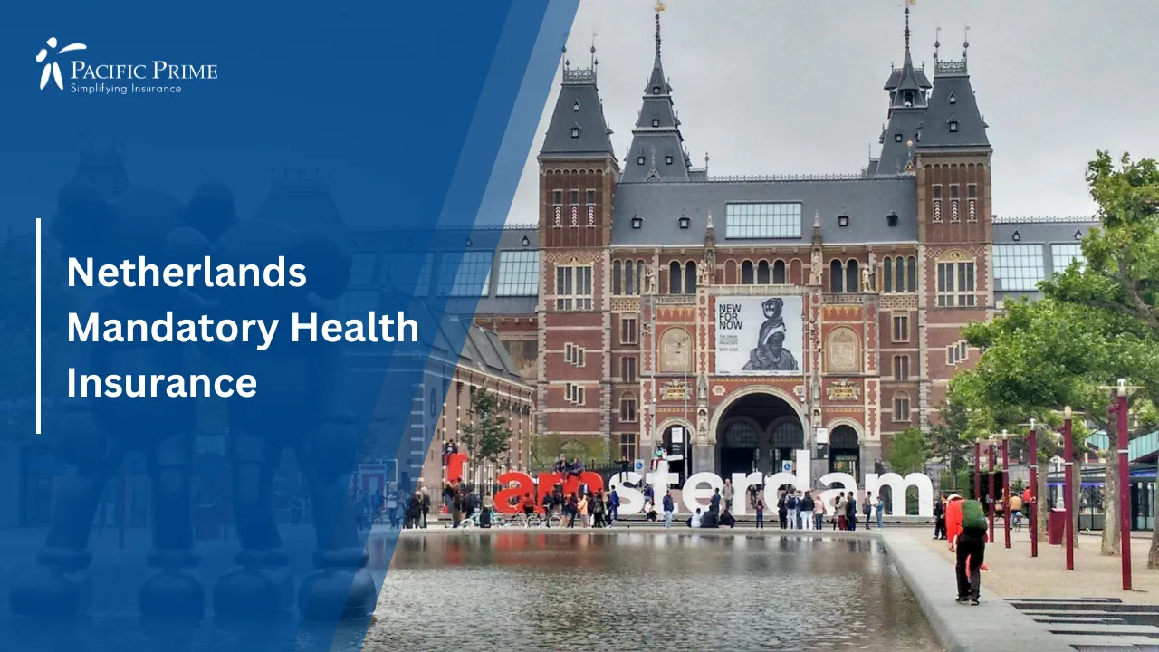 Image of Rijksmuseum Facade With Art Sculptures And Water Reflection In Amsterdam with text overlay of "Netherlands – Mandatory Health Insurance"