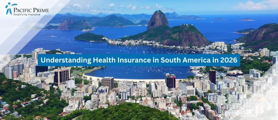 Image of Rio Coastline With Sugarloaf Mountain Rising Above The Vibrant Cityscape with text overlay of "Understanding Health Insurance in South America in 2026"