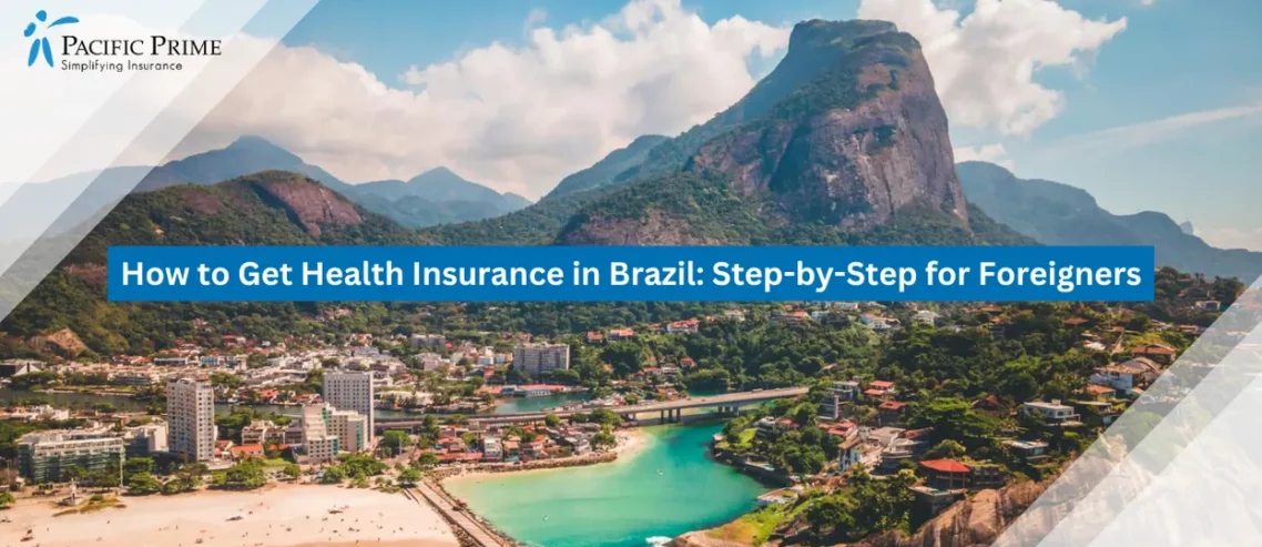 Image of Rio de Janeiro Shoreline From Above With Turquoise Waters And Sandy Coast with text overlay of "How to Get Health Insurance in Brazil: Step-by-Step for Foreigners"