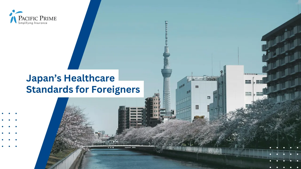 Image of River Flowing Beside City Buildings In Tokyo with text overlay of "Japan’s Healthcare Standards for Foreigners"