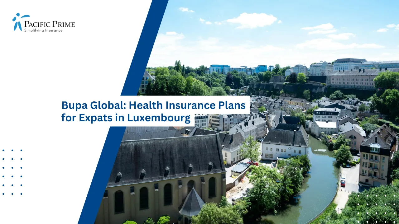 Image of River Flowing Through Cityscape In Grund, Luxembourg with text overlay of "Bupa Global: Health Insurance Plans for Expats in Luxembourg"