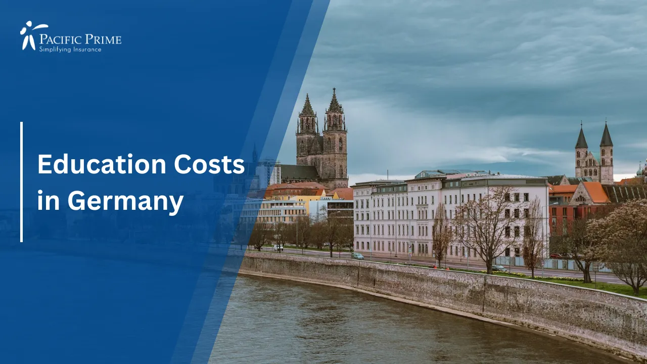 Image of River Flowing Through Cityscape With Tall Buildings In Magdeburg, Germany with text overlay of "Education Costs in Germany"