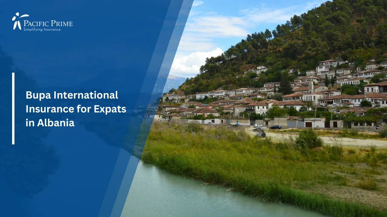Image of River Flowing Through Lush Green Hills In Berat, Albania with text overlay of "Bupa International Insurance for Expats in Albania"