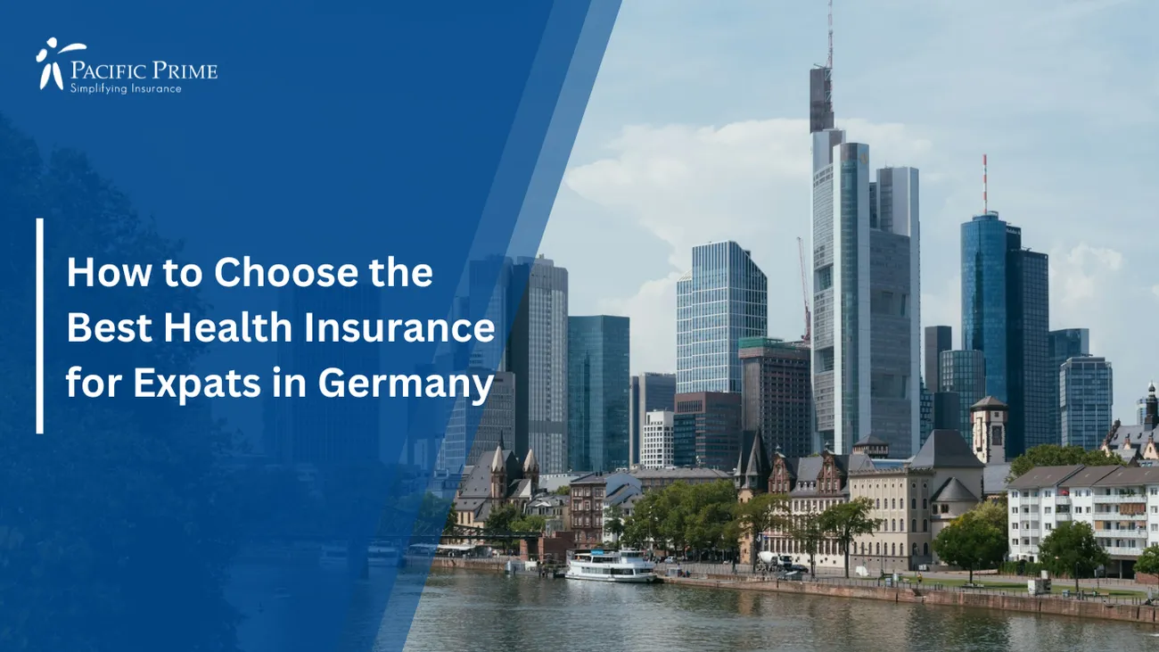 Image of River Flowing Through The City With Frankfurt Skyline In The Background with text overlay of "How to Choose the Best Health Insurance for Expats in Germany"