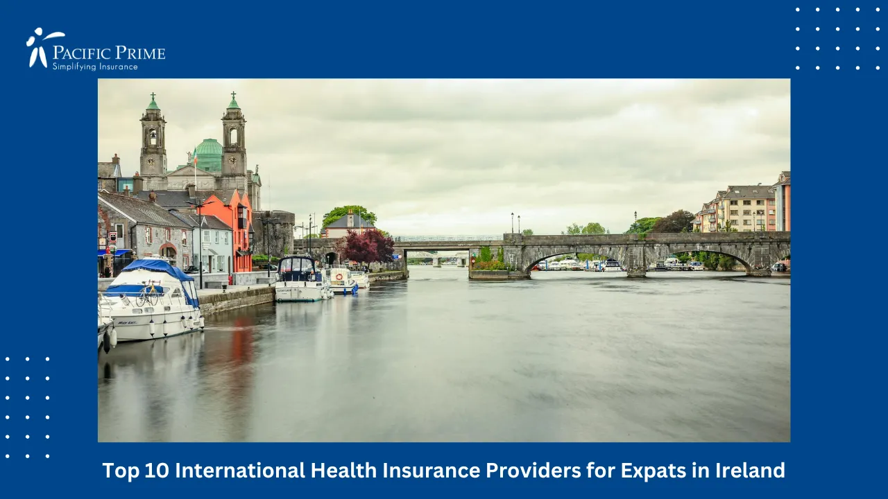 Image of River View In Athlone, Ireland On A Cloudy Day with text overlay of "Top 10 International Health Insurance Providers for Expats in Ireland"