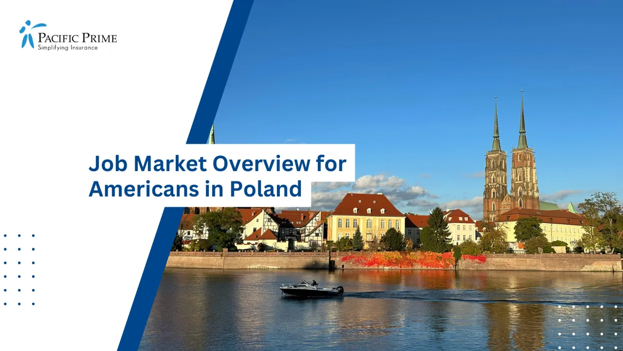 Image of Riverboat Passing Urban Waterfront Buildings Along A Scenic Polish City Skyline with text overlay of "Job Market Overview for Americans in Poland"