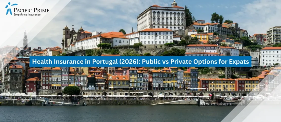 Image of Riverside Houses Lining Porto’s Waterfront With Scenic City Views with text overlay of "Health Insurance in Portugal (2026): Public vs Private Options for Expats"