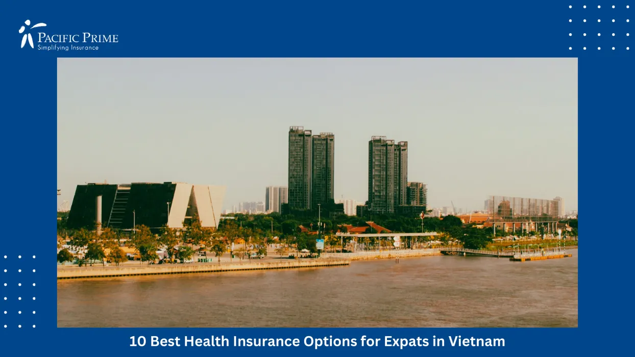 Image of Riverside Promenade At Bến Bạch Đằng With City Views Along Saigon River In District 1 with text overlay of "10 Best Health Insurance Options for Expats in Vietnam"