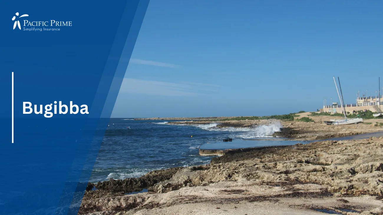 Image of Rocky Beach With Clear Waters At Bugibba, Saint Paul's Bay, Malta with text overlay of "Bugibba"