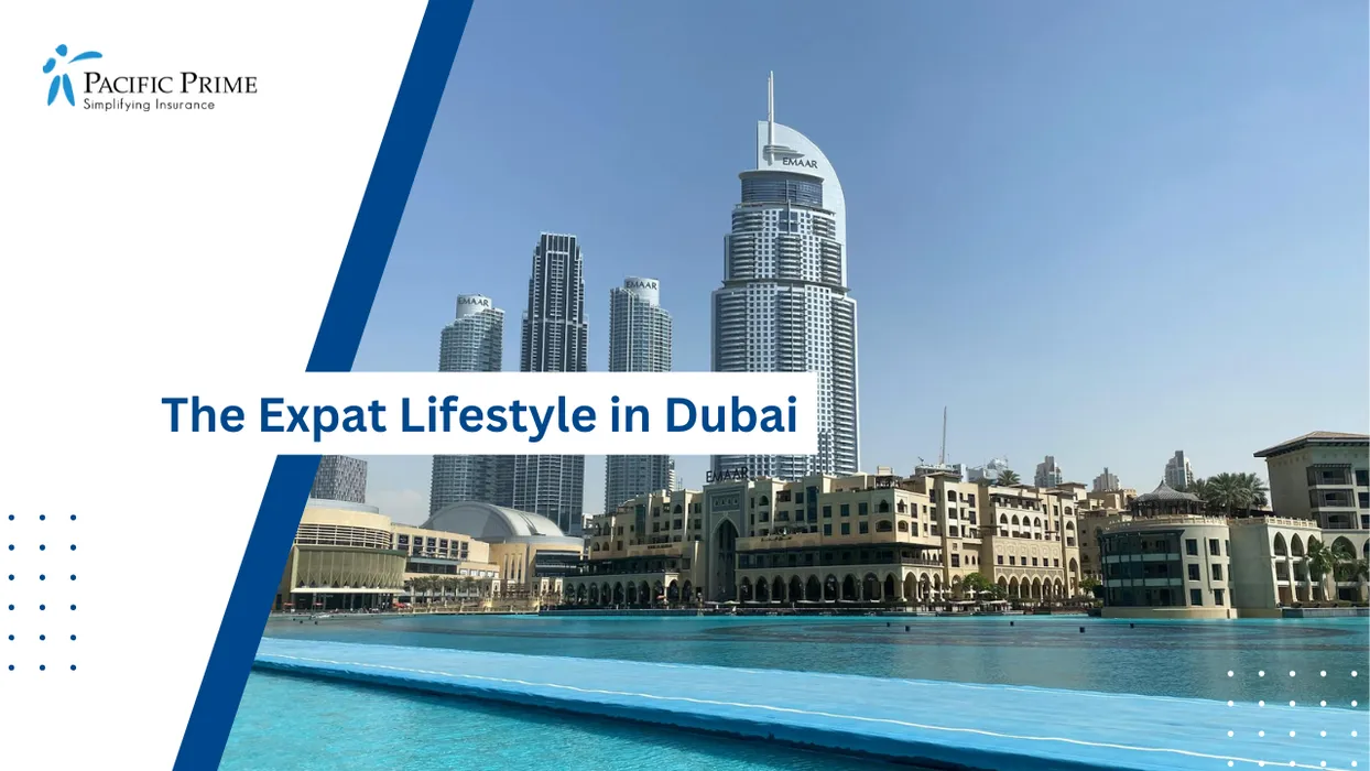 Image of Rooftop Pool Overlooking Dubai Skyline With Glass Towers Rising Across The City with text overlay of "The Expat Lifestyle in Dubai"