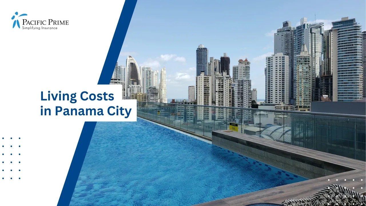 Image of Rooftop Swimming Pool Overlooking Panama City Skyline During Daytime with text overlay of "Living Costs in Panama City"