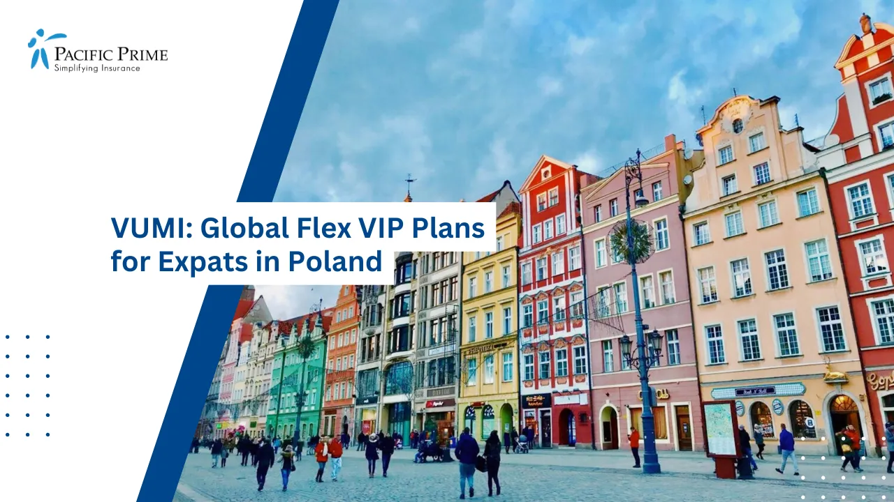 Image of Row Of Colorful Historic Houses In Wroclaw, Poland with text overlay of "VUMI: Global Flex VIP Plans for Expats in Poland"
