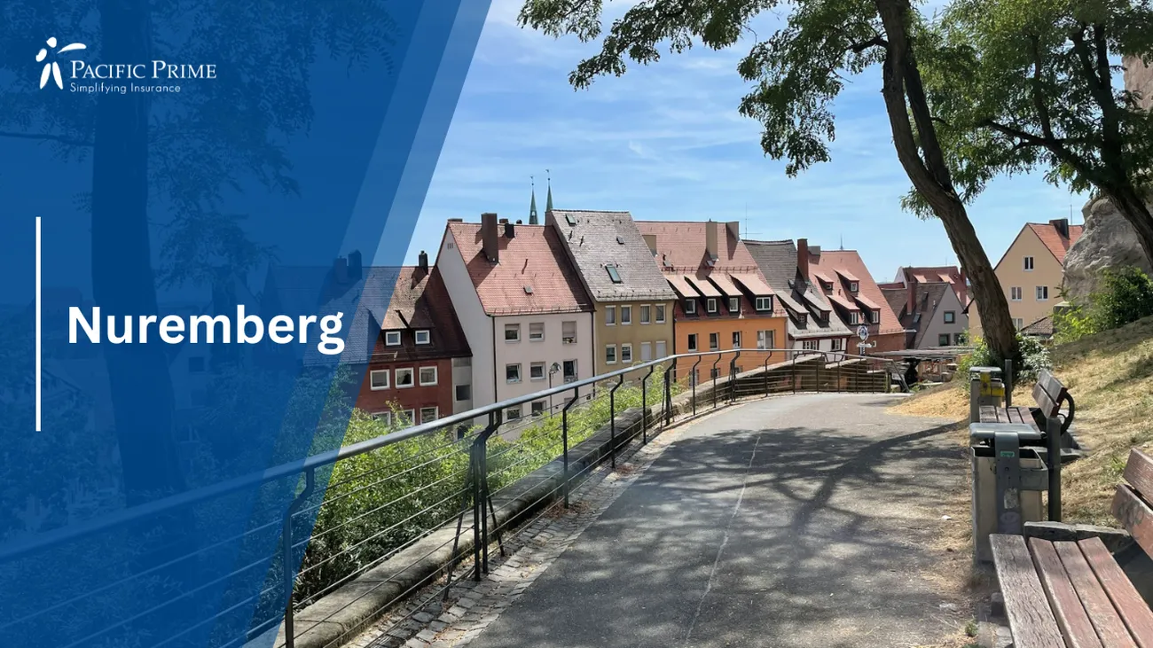 Image of Row Of Houses And Nuremberg Skyline From Castle Walkway with text overlay of "Nuremberg"