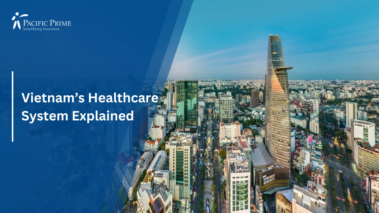Image of Saigon Skyline View Along Nguyen Hue In Vibrant Vietnam View with text overlay of "Vietnam’s Healthcare System Explained"