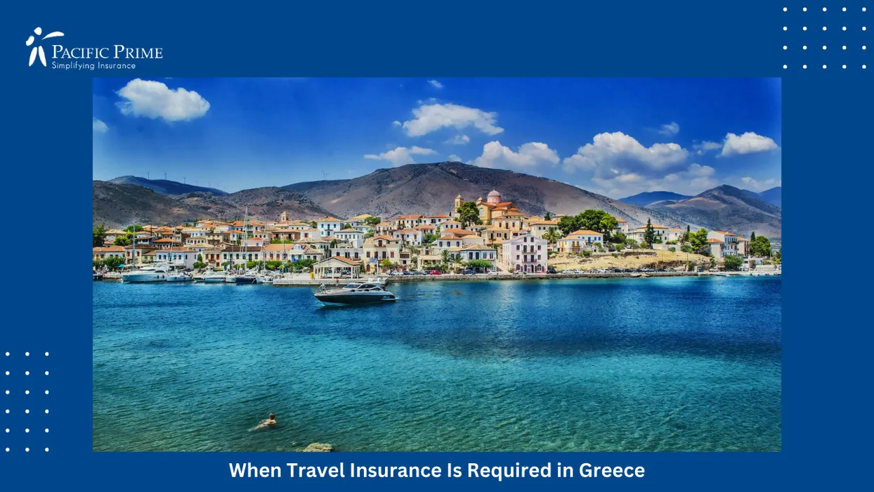 Image of Sailboat Gliding Across Galaxidi Harbor Waters Along Greece’s Tranquil Seaside Town with text overlay of "When Travel Insurance Is Required in Greece"