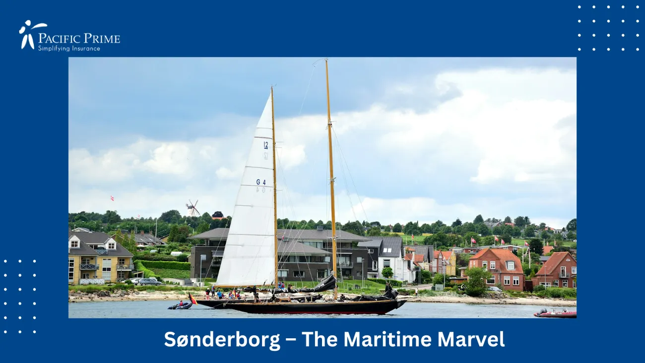 Image of Sailboat Gliding Past A Row Of Houses In Sønderborg, Denmark with text overlay of "Sønderborg – The Maritime Marvel"