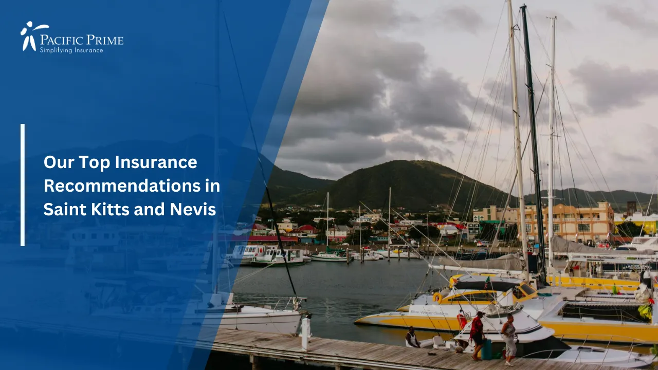 Image of Sailboats Docked At Basseterre Marina With Mountains At Sunset with text overlay of "Our Top Insurance Recommendations in Saint Kitts and Nevis"