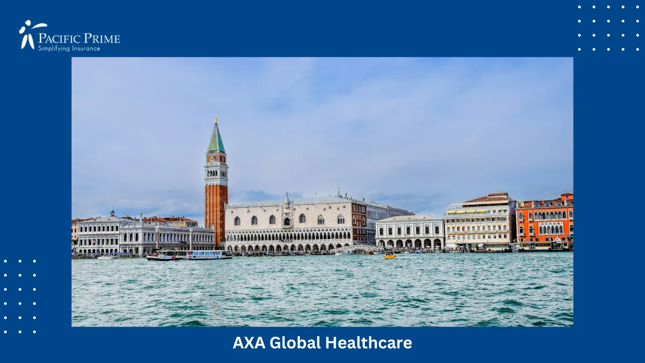 Image of Saint Marks Campanile And Basilica Under Blue Sky In Venice with text overlay of "AXA Global Healthcare"