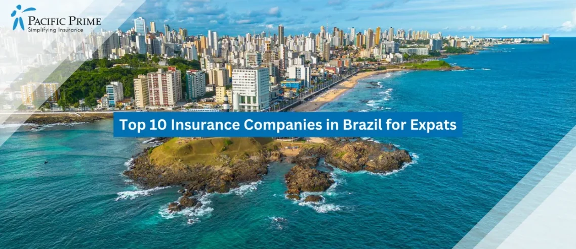 Image of Salvador Coastline With Sandy Beach And Atlantic Waves Along Bahia Shoreline with text overlay of "Top 10 Insurance Companies in Brazil for Expats"