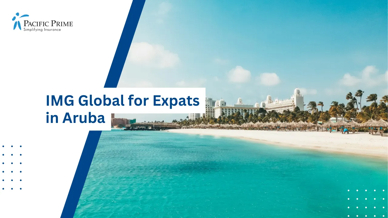 Image of Sandy Beach With Palm Trees And Hotel Backdrop, Palm Beach, Aruba with text overlay of "IMG Global for Expats in Aruba"