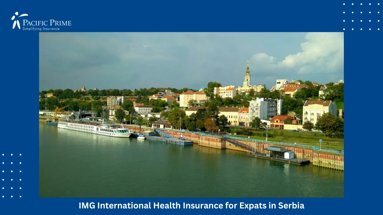 Image of Sava River With Boats And Barges Near Belgrade City Buildings with text overlay of "IMG International Health Insurance for Expats in Serbia"