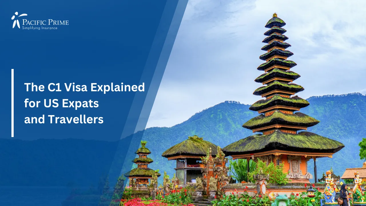 Image of Scenic Balinese Temple With Traditional Architecture In Indonesia with text overlay of "The C1 Visa Explained for US Expats and Travellers"