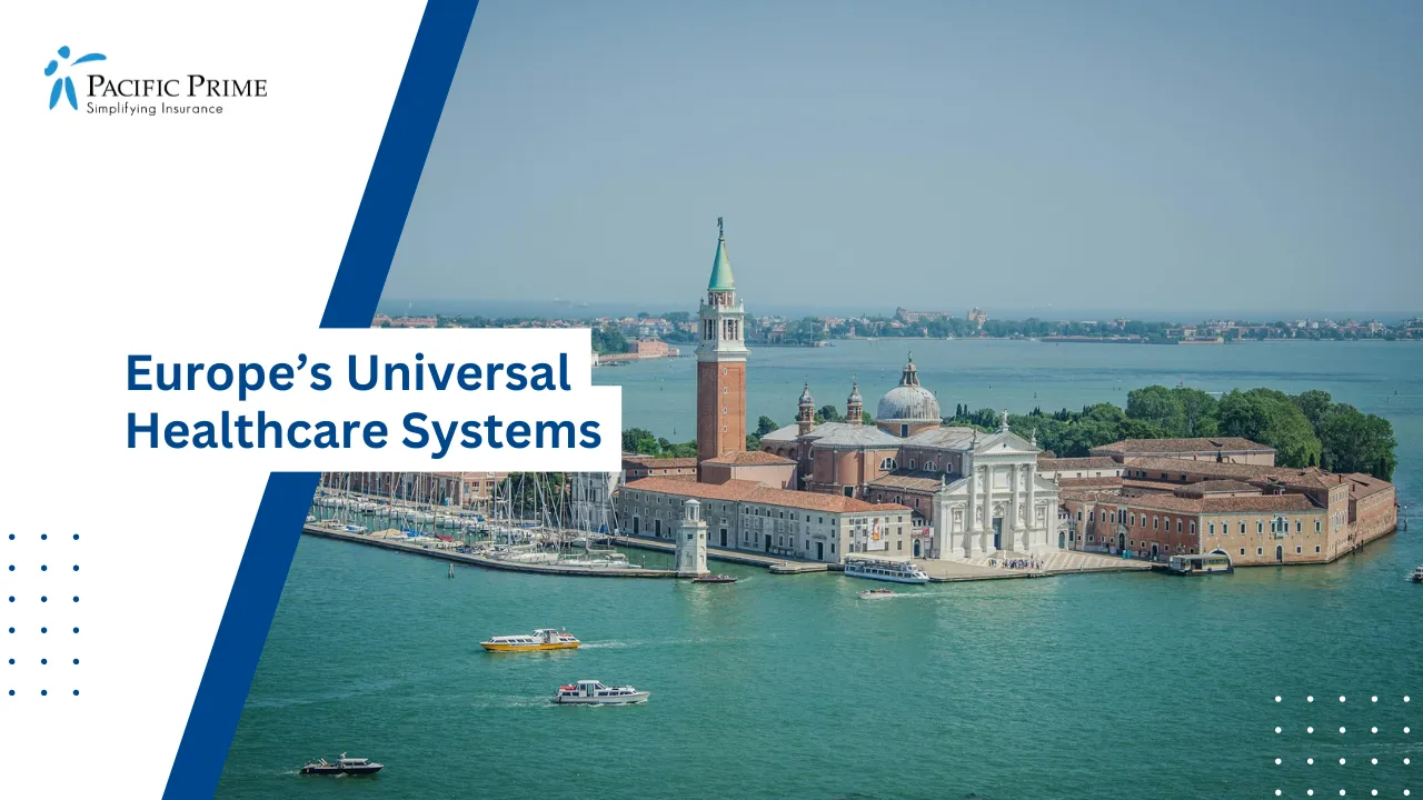 Image of Scenic Canal View With Historic Buildings In Venice, Italy with text overlay of "Europe’s Universal Healthcare Systems"