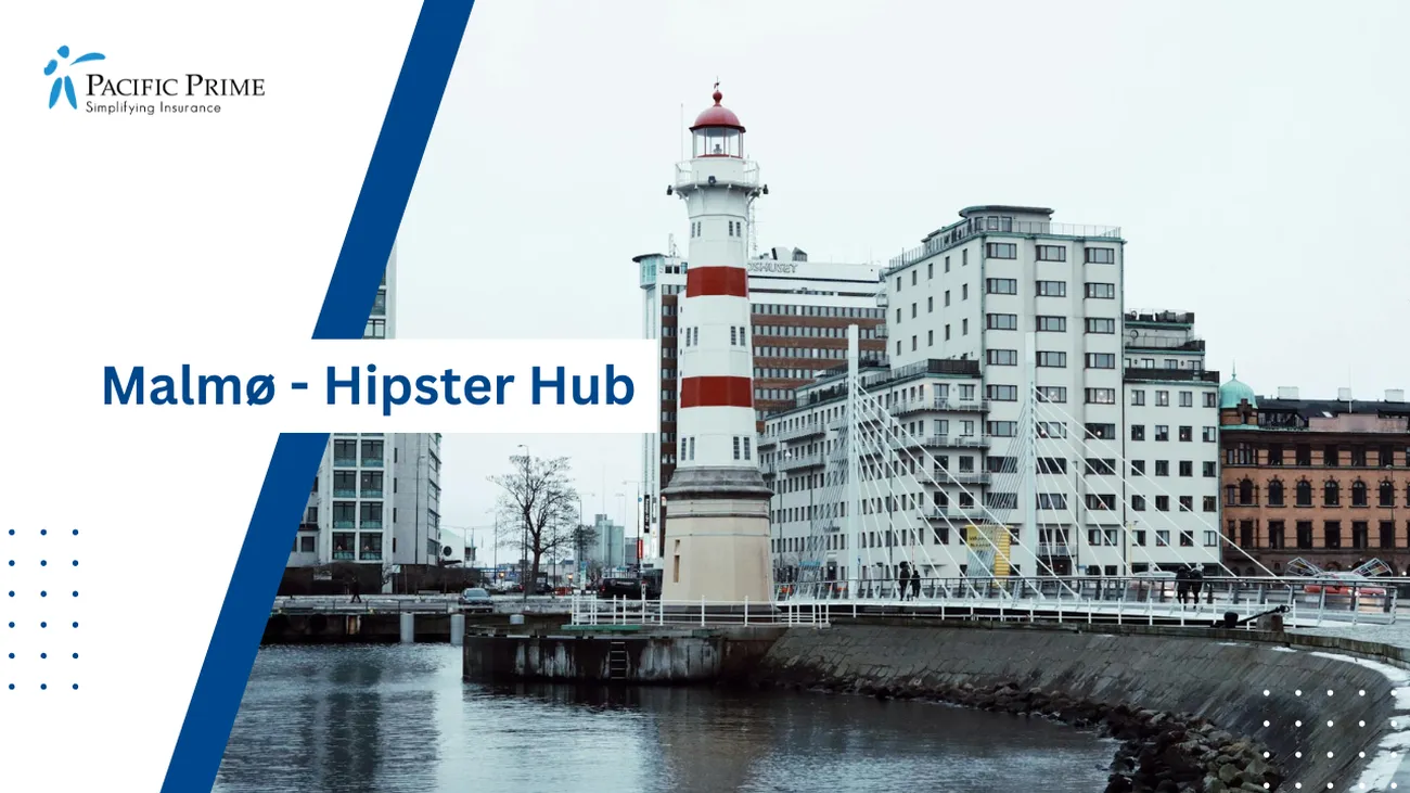 Image of Scenic Malmö Lighthouse And Cityscape In Skåne County, Sweden with text overlay of "Malmø - Hipster Hub"