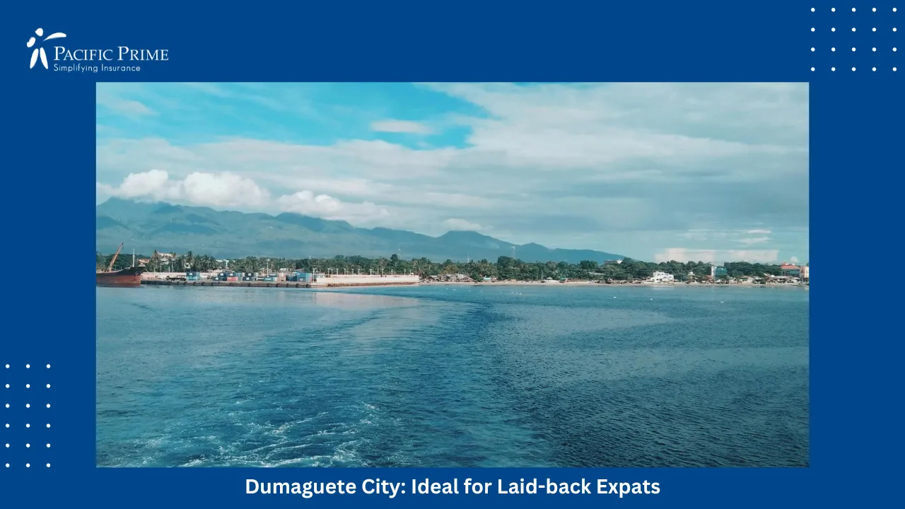 Image of Scenic Ocean View In Dumaguete, Philippines Under A Bright Blue Sky with text overlay of "Dumaguete City: Ideal for Laid-back Expats"