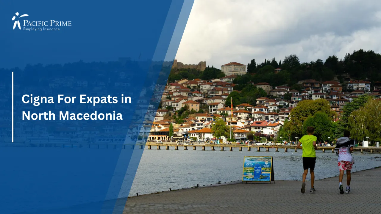 Image of Scenic Ohrid View With Tourists Strolling Along The Waterfront with text overlay of "Cigna For Expats in North Macedonia"