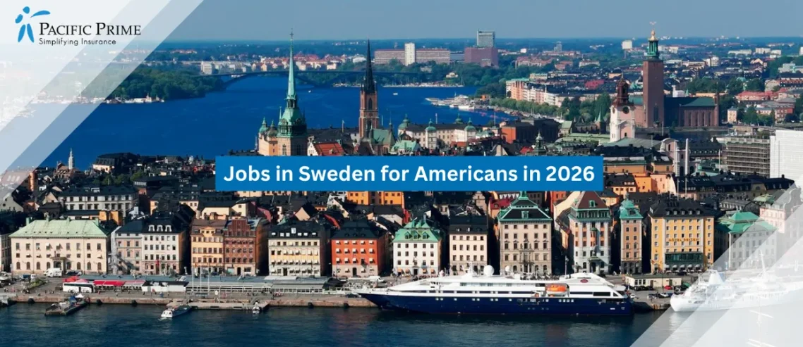 Image of Scenic Panorama Of Stockholm Cityscape With Waterways And Historic Buildings with text overlay of "Jobs in Sweden for Americans in 2026"