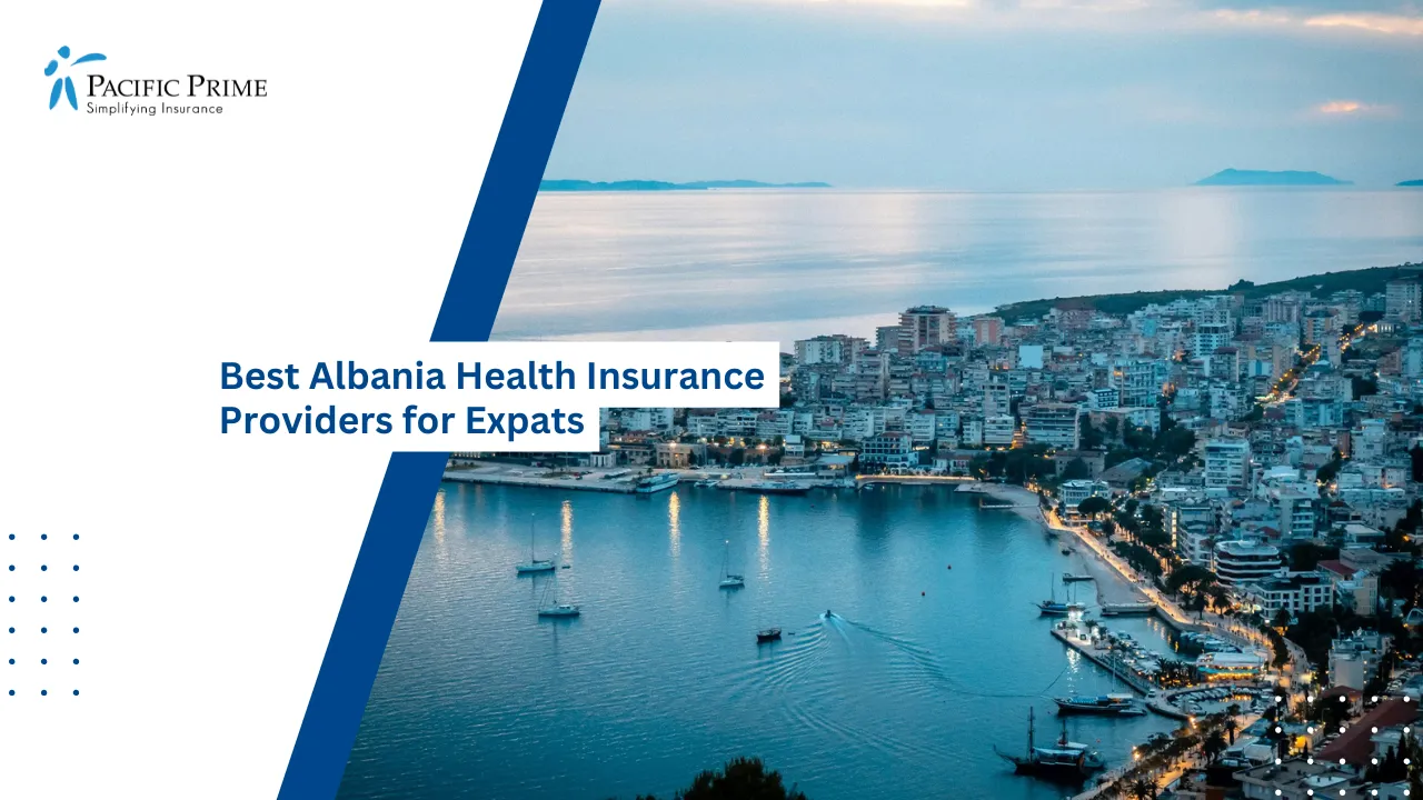 Image of Scenic Sarandë Waterfront Glowing With City Lights At Dusk with text overlay of "Best Albania Health Insurance Providers for Expats"