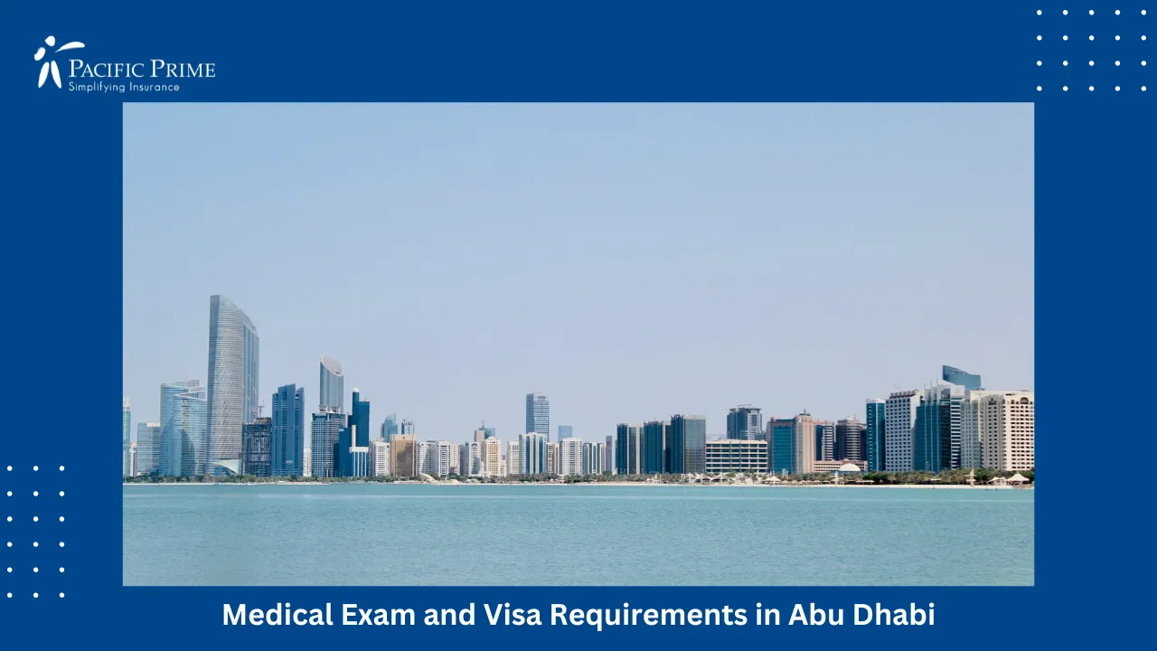 Image of Scenic Skyline View Near Corniche Beach In Abu Dhabi with text overlay of "Medical Exam and Visa Requirements in Abu Dhabi"