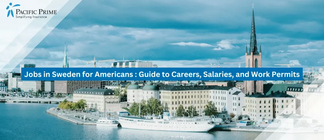 Image of Scenic Summer View Of Gamla Stan And Riddarholm Church In Stockholm with text overlay of "Jobs in Sweden for Americans : Guide to Careers, Salaries, and Work Permits"