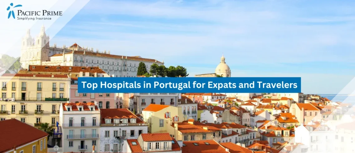 Image of Scenic View Of Alfama District With Traditional Buildings And Clear Sky with text overlay of "Top Hospitals in Portugal for Expats and Travelers"